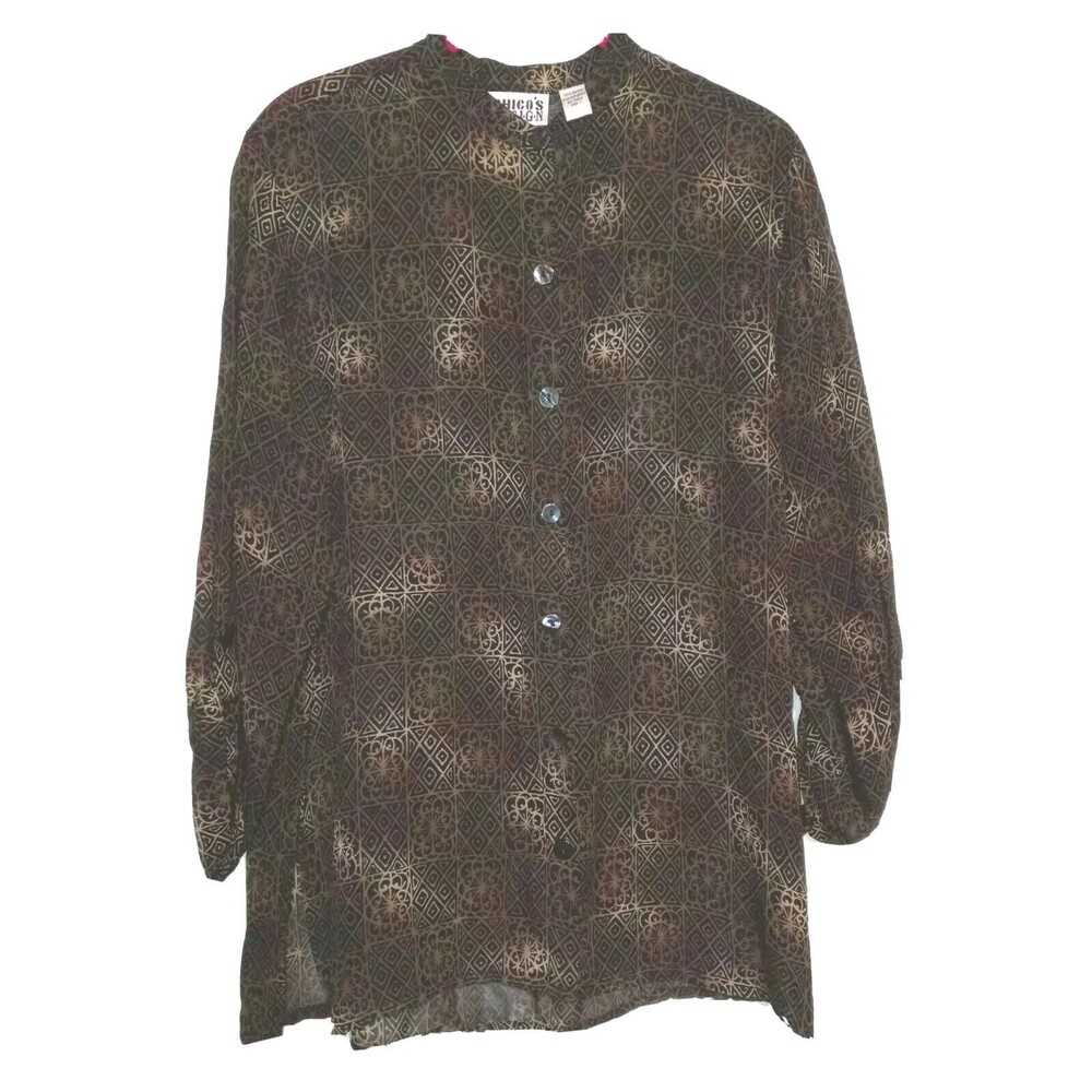 Chicos Design 1/M Oriental Asian Button Long Sleeve Top 100% Rayon Black Print